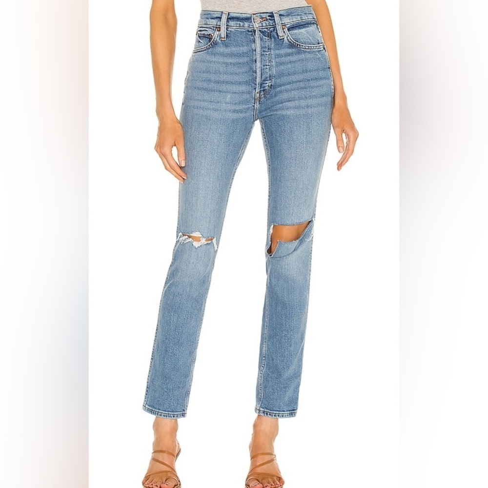 RE/DONE Denim Revolve 80s Slim Straight Jeans Brisk Blue With Rips Size 25